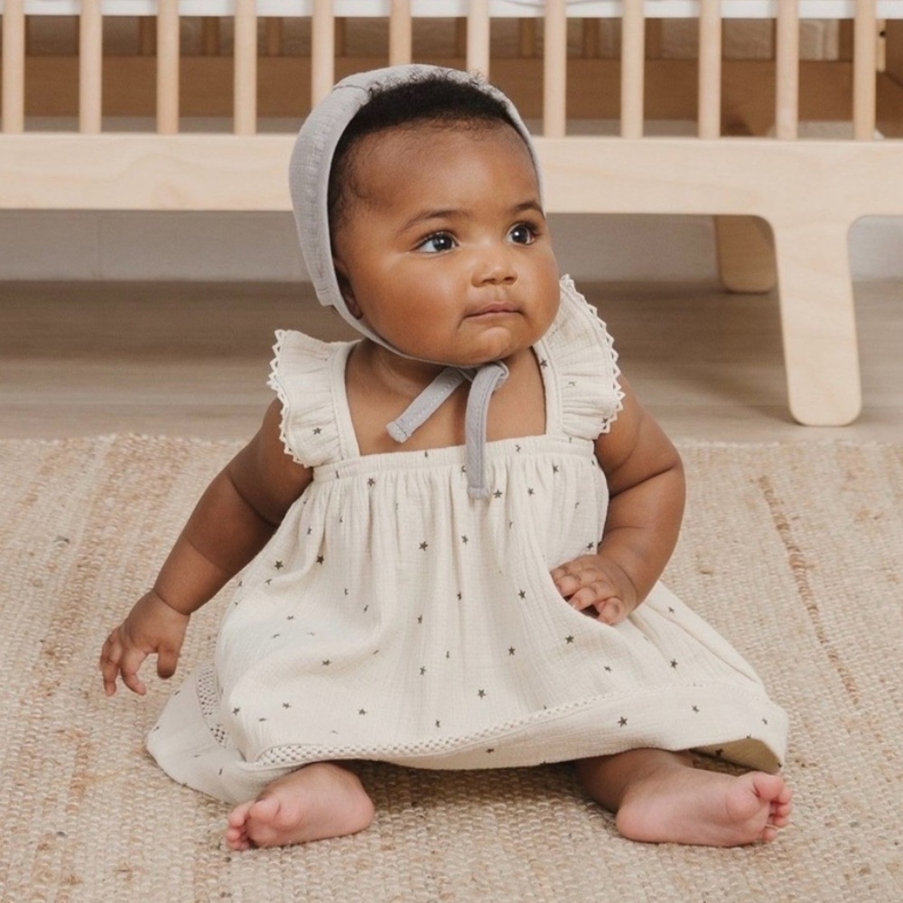 Quincy Mae Cream Star Print Kids Dress and Bonnet